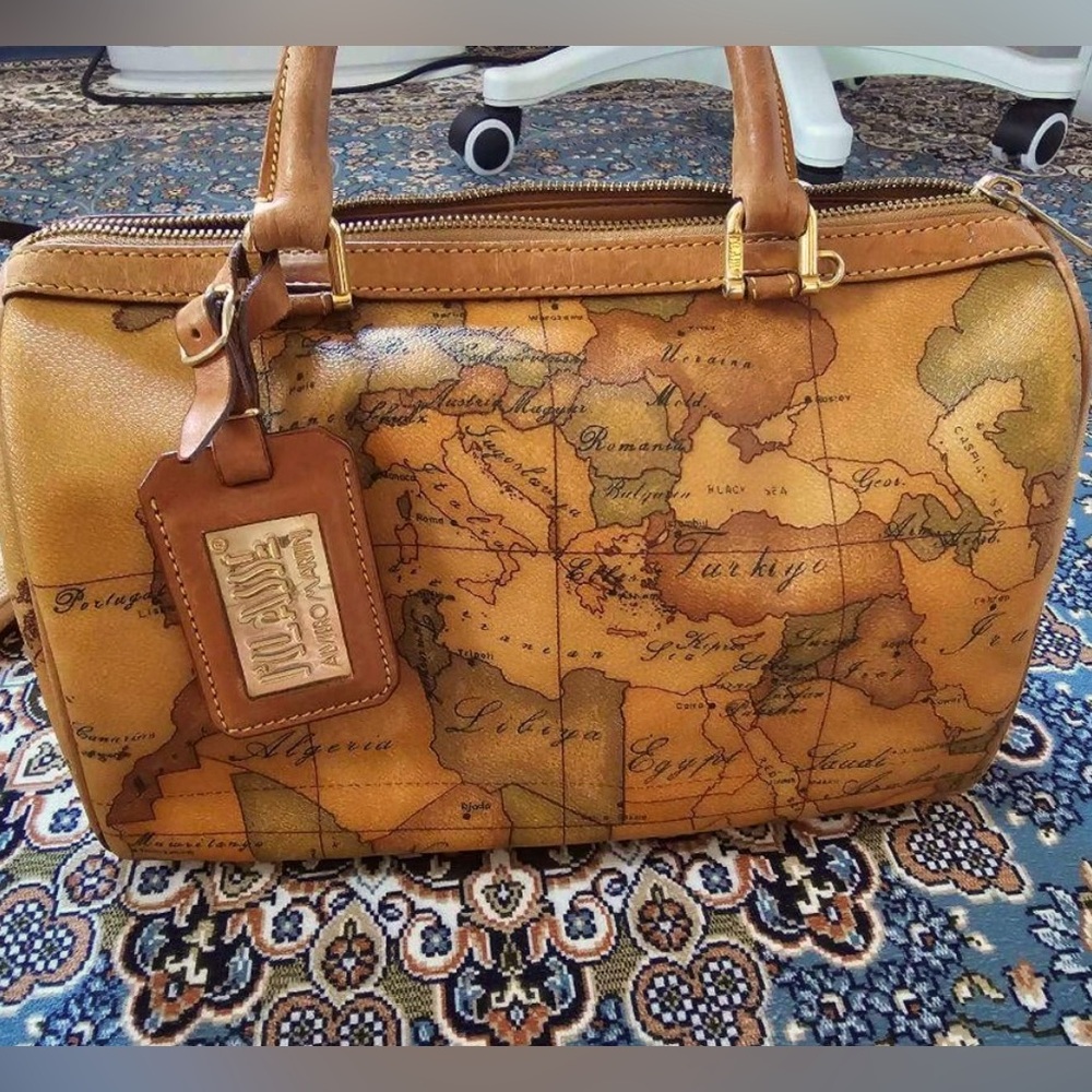 Alviero Martini Tan and Brown Map Print Boston Bag
